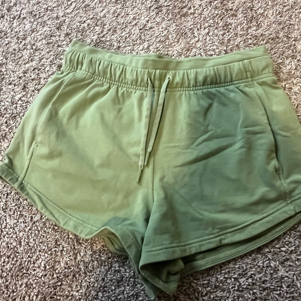 Green lululemon shorts, scuba like material